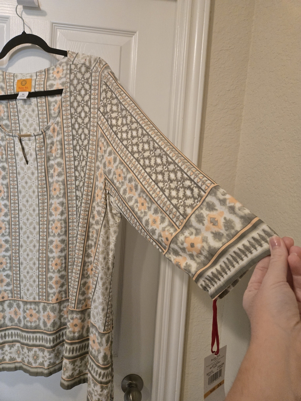 Ruby Rd. Cream, Olive & Peach Patterned Boho Blouse - Picture 4 of 9